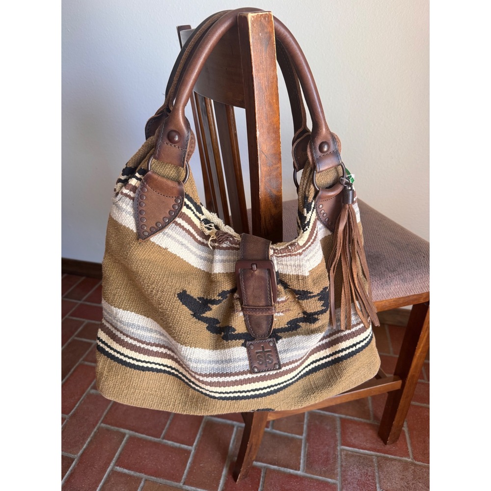 STS Ranchwear Womens Serape Woven Wool Leather Trim Hobo Bag Brown Southwestern